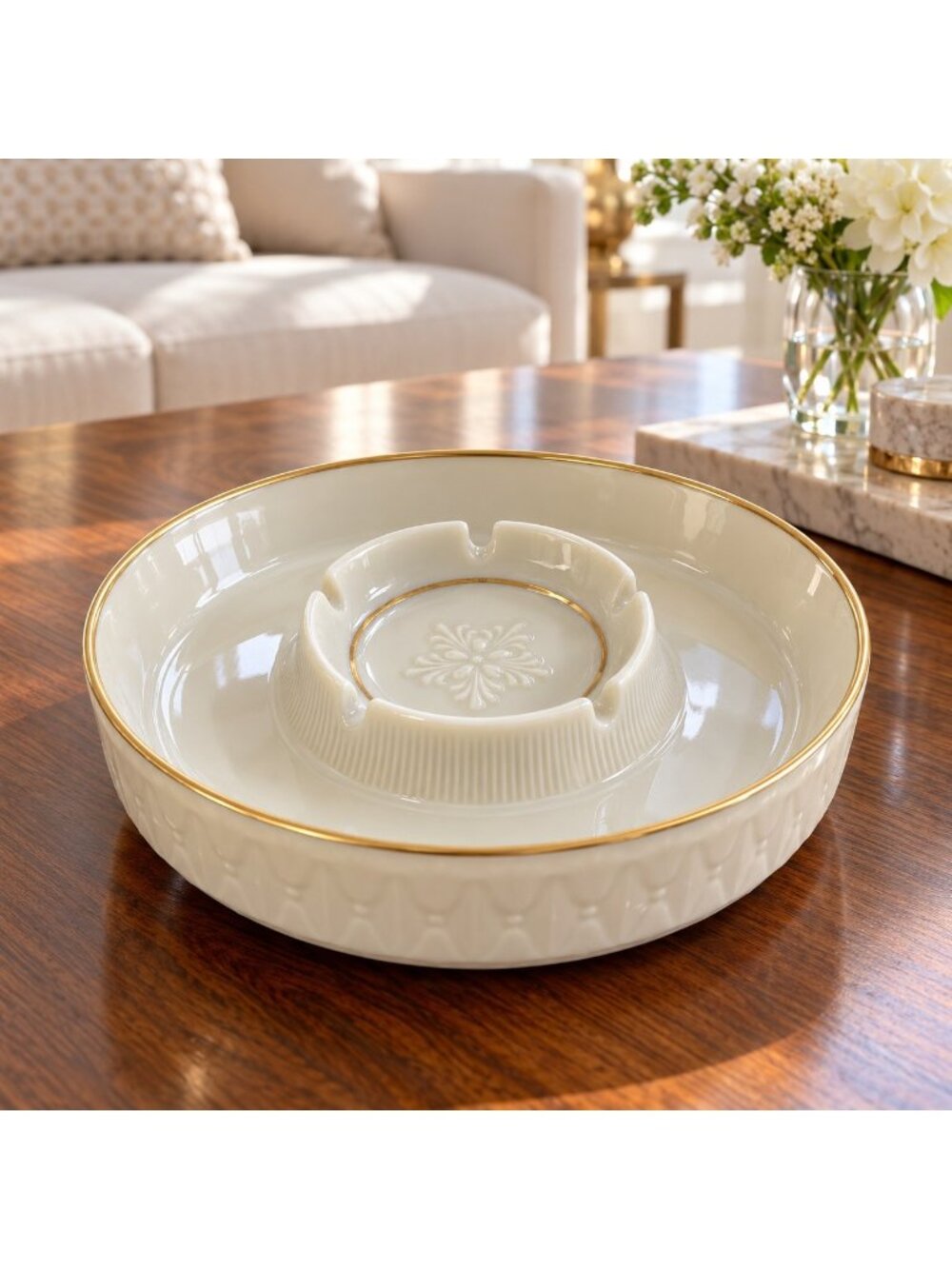 Vintage Lenox Stratford Ashtray Ivory Gold Trim 7” USA EUC